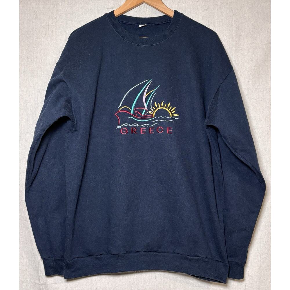 Vintage Greece Sweatshirt Mens XL Blue Embroidered Boat‎ Pullover Made In Greece